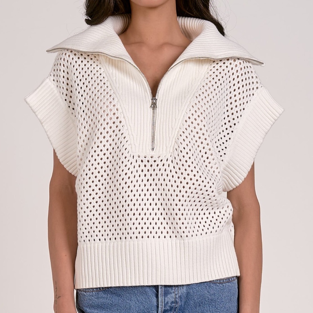 New with tags. Elan open knit crochet collar sweater. White